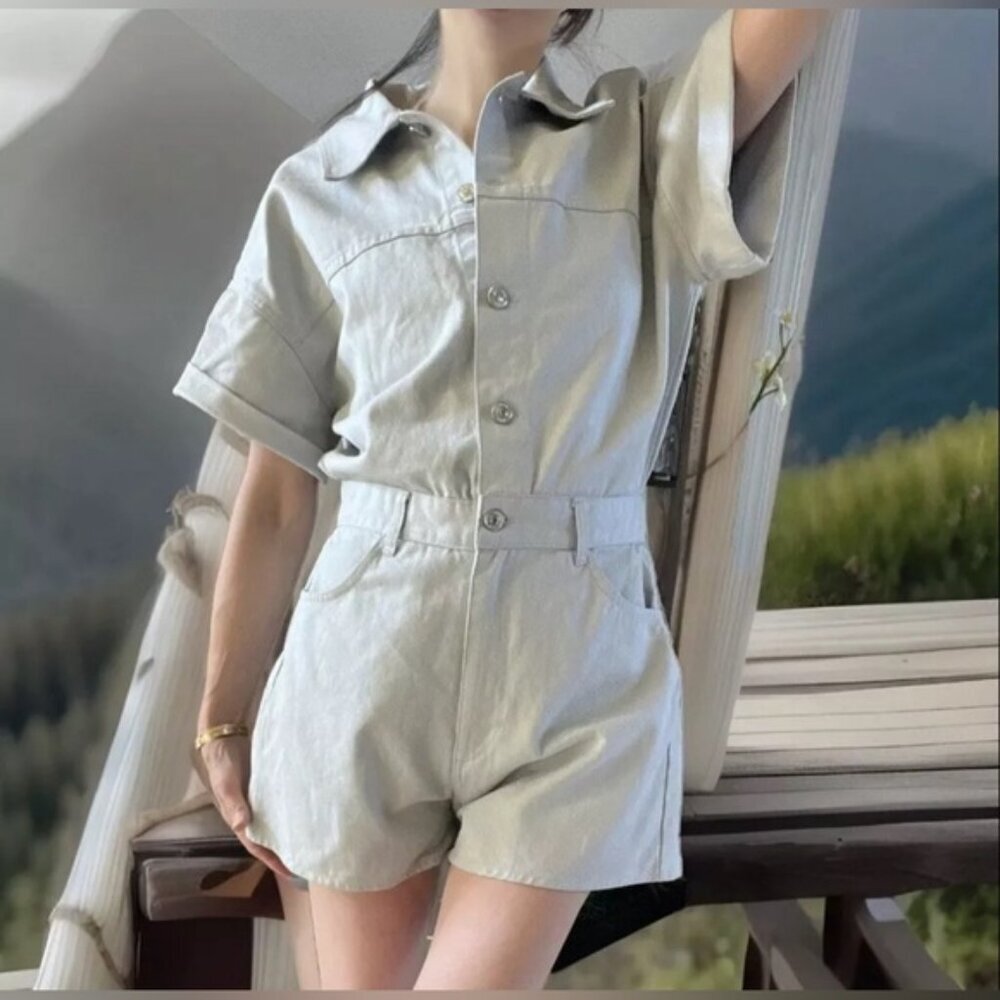 NWT ZARA Metallic Denim 100% Cotton DustyBlue Shimmer Short Romper 6929/201 Sz M